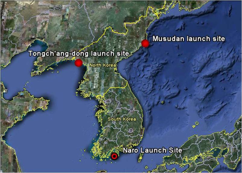 This map shows the location of North Korea’s original launch site (Musudan) and its new site (Tonch’ang-dong), as well as South Korea’s Naro launch site.